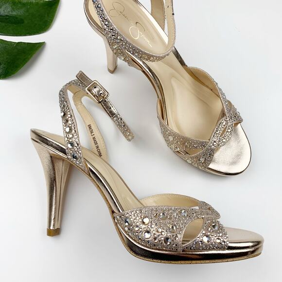 Jessica Simpson Jarilyn Heels Sandals Gold Strappy Jeweled Faux Leather Womens 6 - Picture 1 of 11